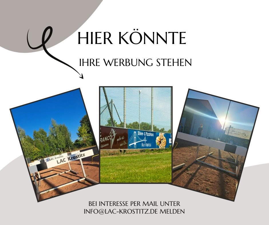 Hier könnte ihre Werbung stehen.
Interesse? Schreiben Sie uns gerne per direkt Nachricht oder per Mail: info@lac-krostitz.de an

Wir freuen uns

#werbung #lackrostitz #hürden